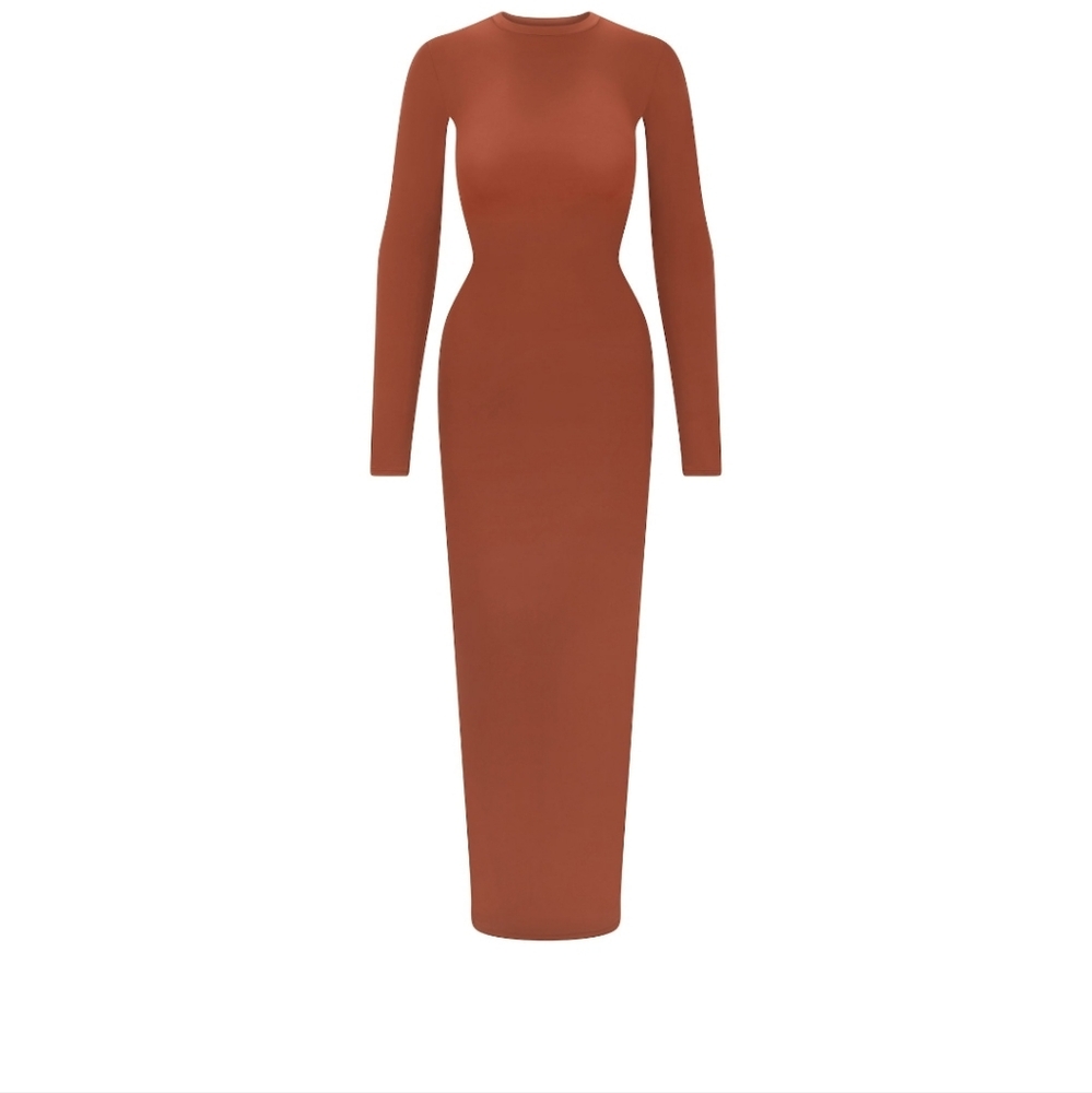 Skims Fits Everybody Long Sleeve Maxi Dress color SAFFRON SZ XXS